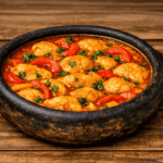 Panela de barro vista de cima com moqueca de peixe baiana borbulhando em caldo cremoso de dendê e leite de coco, com postas firmes e inteiras, rodelas de pimentão e finalizada com coentro fresco.