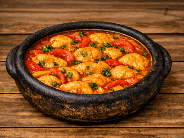 Panela de barro vista de cima com moqueca de peixe baiana borbulhando em caldo cremoso de dendê e leite de coco, com postas firmes e inteiras, rodelas de pimentão e finalizada com coentro fresco.