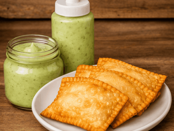Prato branco com pastéis dourados e crocantes sobre uma mesa de madeira rústica, acompanhados por um pote de vidro e uma bisnaga de molho verde cremoso posicionados ao lado.